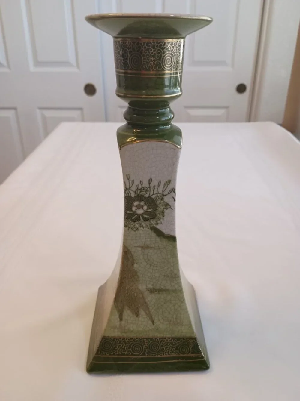Vintage Kutani Porcelain Candlestick Holder with Peacock and Floral Design